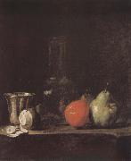 Jean Baptiste Simeon Chardin Silver wine bottle lemon apple pear oil